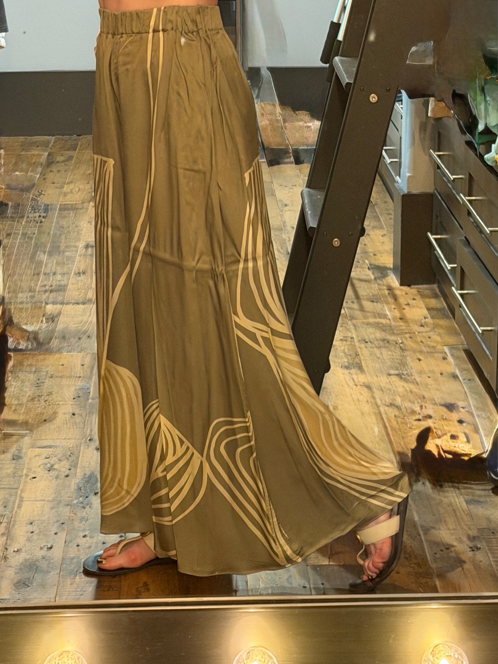 Lafayette 148 New York Olive Green Maxi Skirt with Tan Abstract Print